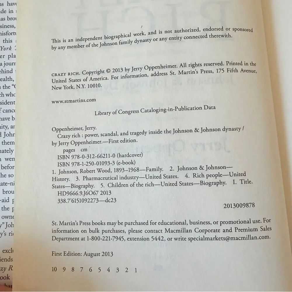 Crazy Rich Inside the Johnson & Johnson Dynasty by Jerry Oppenheimer Book bio